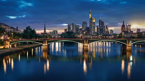 Cities Frankfurt Bridge City Germany Night River Hd Wallpaper