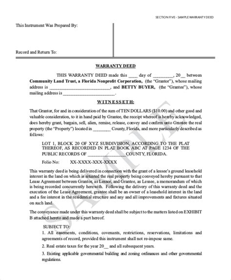 Free 12 Sample Warranty Deed Forms In Pdf Ms Word