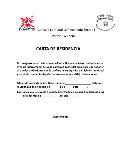 Carta De Residencia Cosejo Comunal La Rinconada1 By Consejo Comunal La
