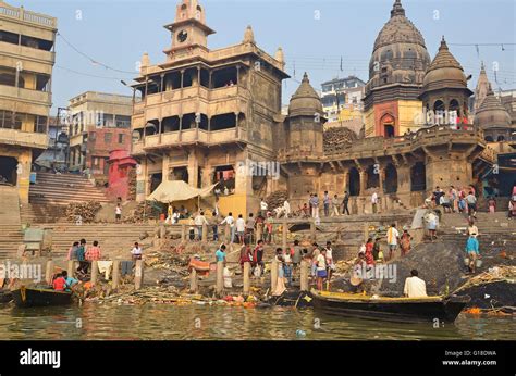 manikarnika ghat the holy cremation ground for the hindus on the bank of sacred river ganga or