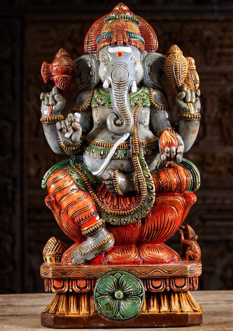 Sold Light Grey Painted Wooden Ganesha Statue 24 95w20d Hindu Gods