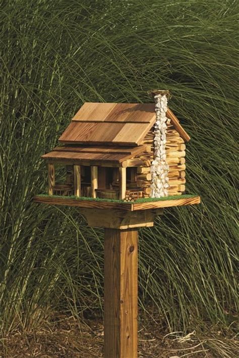 Amish Log Cabin Bird Feeder With Rock Chimney Wooden Bird Houses