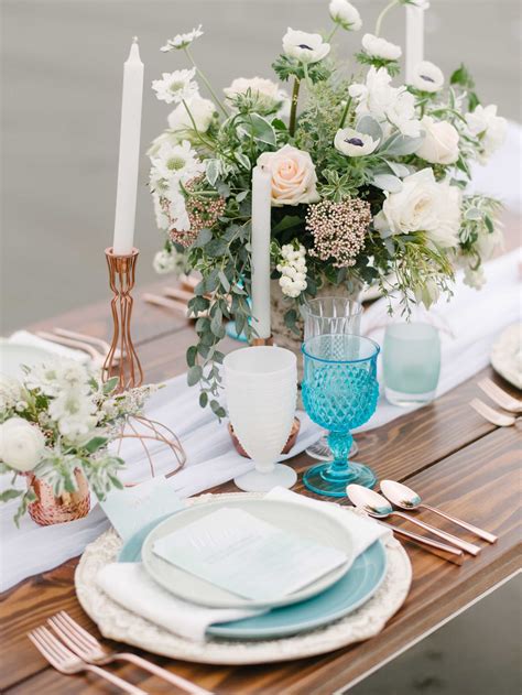 Wooden Table With Blue And White Tablescape