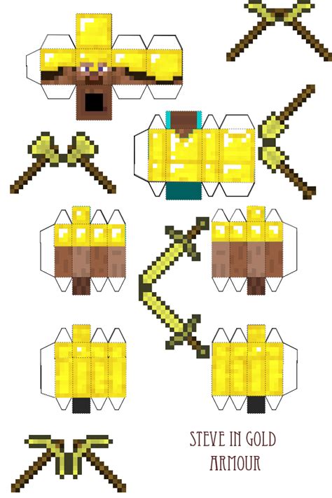 Papercraft Steve In Gold Armour With Tools Steve Minecraft Skin