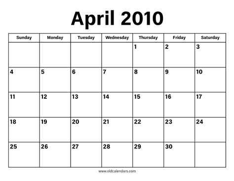 April 2010 Calendar Printable Old Calendars
