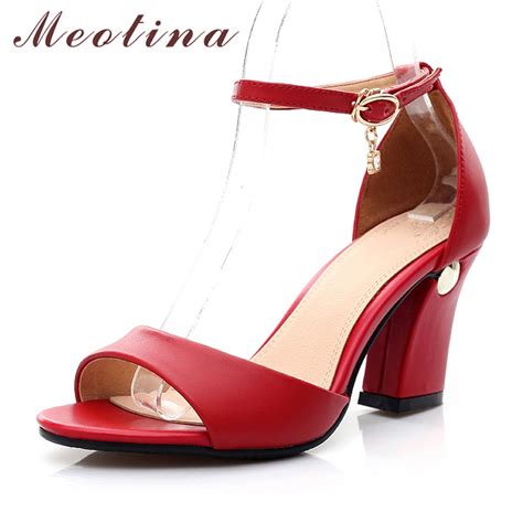 Meotina Summer Genuine Leather High Heel Sandals Shoes Women Ankle Strap High Heels Party Shoes