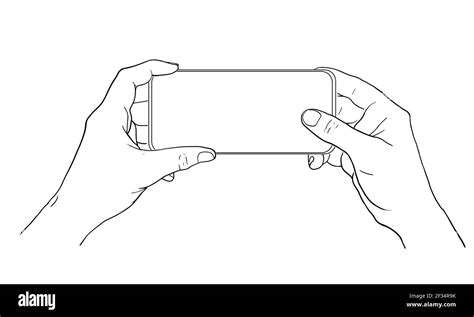 Man Holds Mobile Phone In Hands Outline Drawing Illustration Sketch