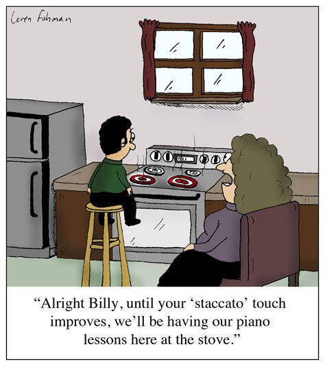 The language is simple and full of repetition. Cartoon: "Alright Billy, until your 'staccato' touch improves, we'll be having our piano lessons ...