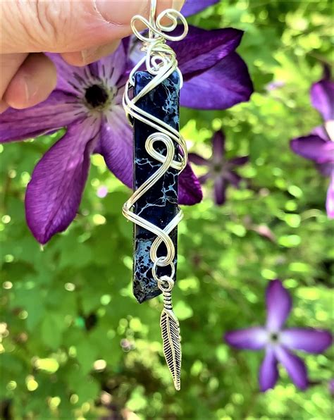 Navy Blue Stone Pendant With Silver Wire Wrap Etsy