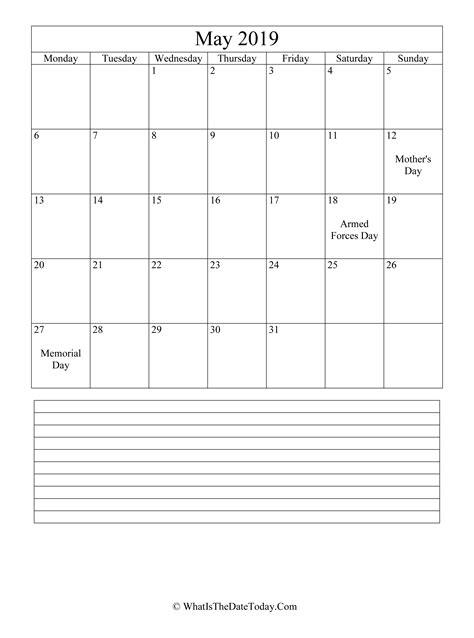 May 2019 Calendar Editable Full Notes Holiday Calendar Printable