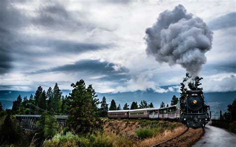 Nature Landscape Train Machine Smoke Trees Clouds Bridge Railway
