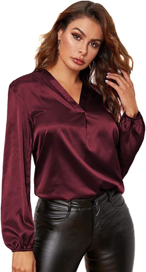 Didk Womens Blouses Long Sleeve Top Satin Top With V Neck Blouse Tunic