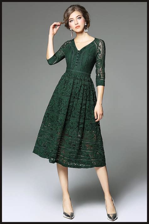 Dark Green Lace Dress 3 4 Sleeves V Neck A Line 2017 Spring Long Dresses In Stock Ladies Formal