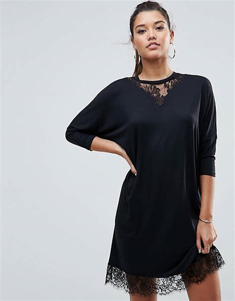 Asos Oversize T Shirt Dress With Batwing Sleeve And Lace Inserts Asos