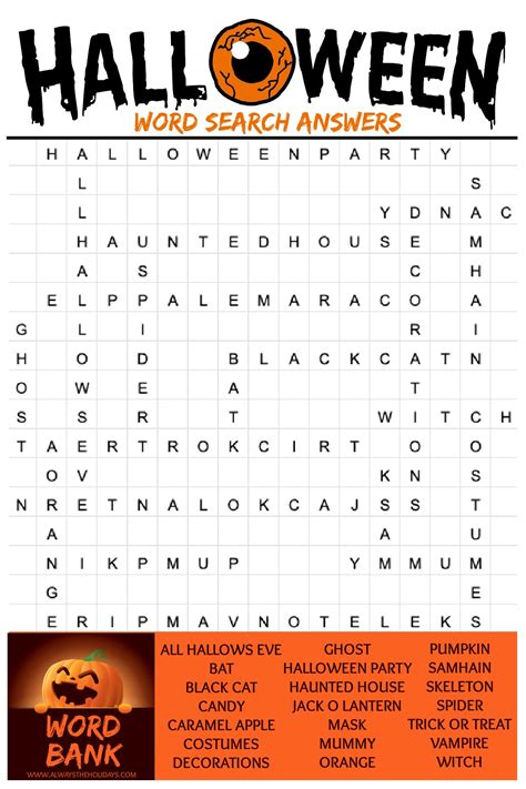 Free Halloween Word Search Printable With Answer Key Included