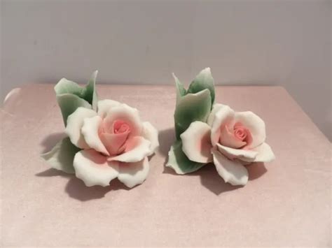 2 Vintage Capodimonte Porcelain Pink Rose Flower Candle Holders Hand