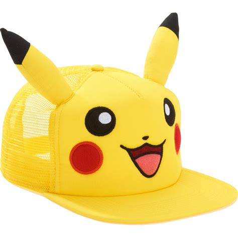 Pikachu Snapback Trucker Hat With Embroidered Pikachu Face Mesh Panels