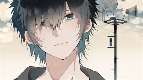 Download 1920x1080 Anime Boy Pole Blue Eyes Close Up Clouds Wallpapers For Widescreen