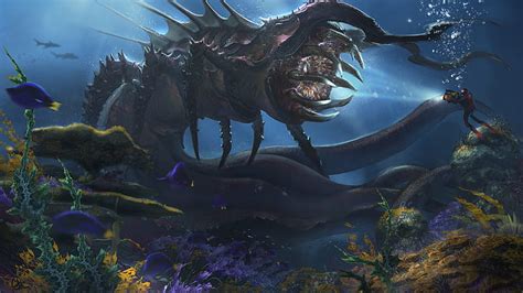 Hd Wallpaper Creature Underwater Divers Artwork Sea Subnautica