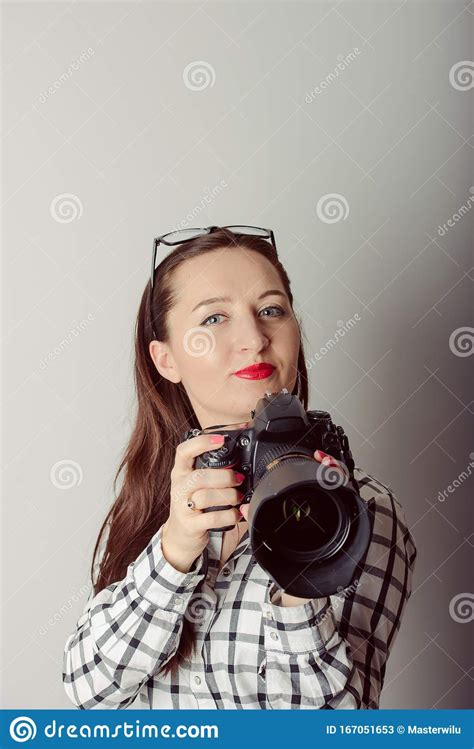 Woman Photographer Takes Images Stock Image Image Of Photographer