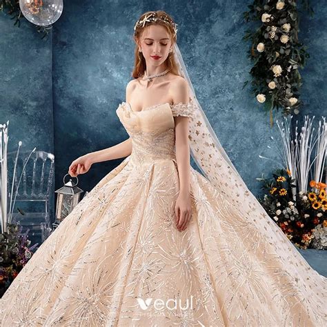 Bling Bling Champagne Wedding Dresses 2019 Ball Gown Off The Shoulder