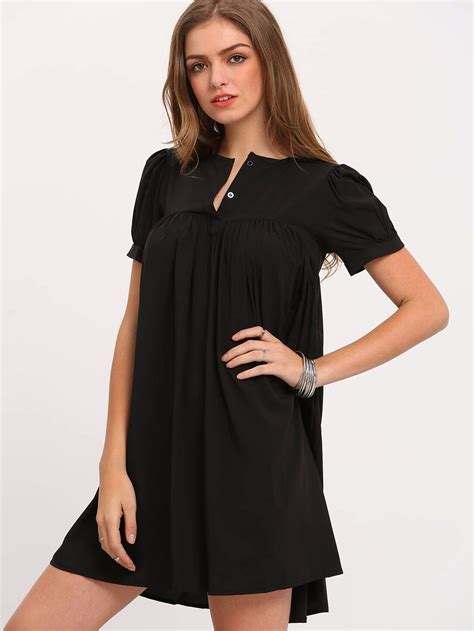 Black Short Sleeve Buttons Loose Dressfor Women Romwe