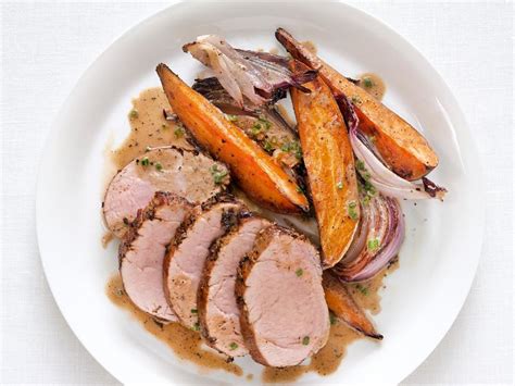 We had pork tenderloin, spinach and yukon gold potatoes, so i did a search and stumbled on this. Roast Pork and Sweet Potatoes Recipe | Food Network ...