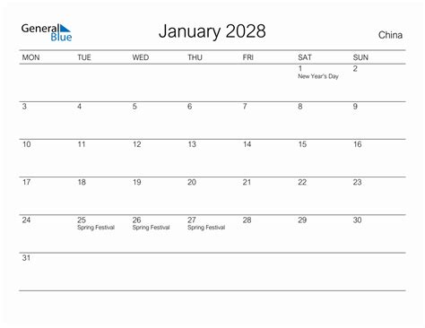 Printable January 2028 Monthly Calendar With Holidays For China