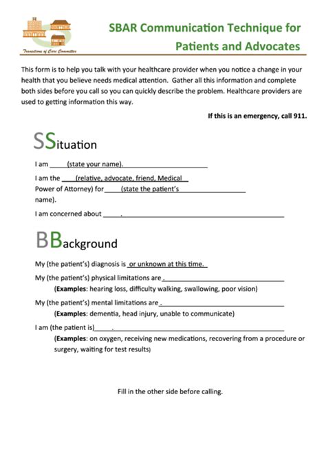 Sbar Communication Technique Worksheet For Patients And Advocates