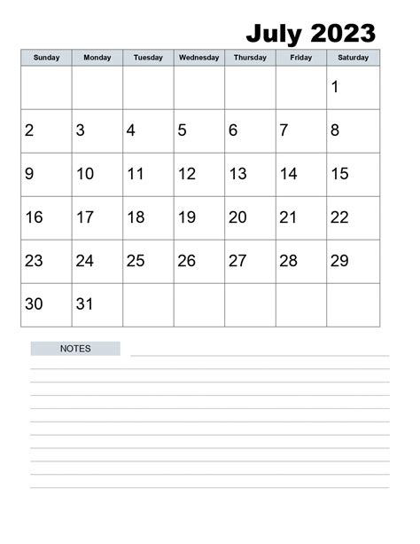 Free Download July 2023 Printable Calendar Templates Pdf