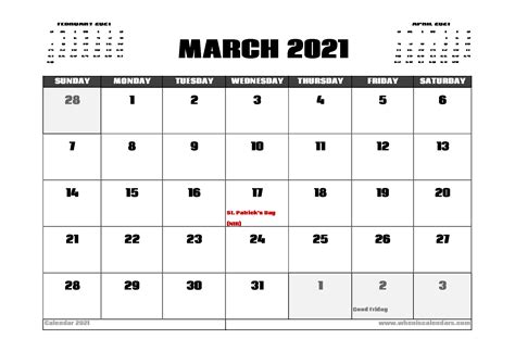 March 2021 Calendar Printable With Holidays Template Business Format