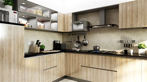 L Shape Light Brown Modular Kitchen India Homelane