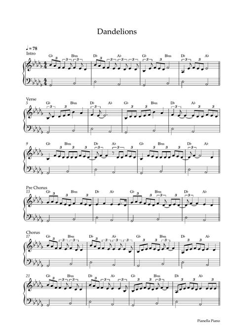 Ruth B Dandelions EASY Piano Sheet Sheets By Pianella Piano