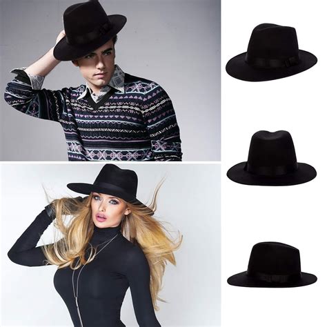 Black Wool Felt Vintage Women Men Wide Brim Fedora Trilby Hat Floppy