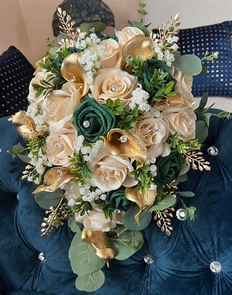 Elegant Cascading Ivory Emerald Green Gold Bridal Bouquet Etsy