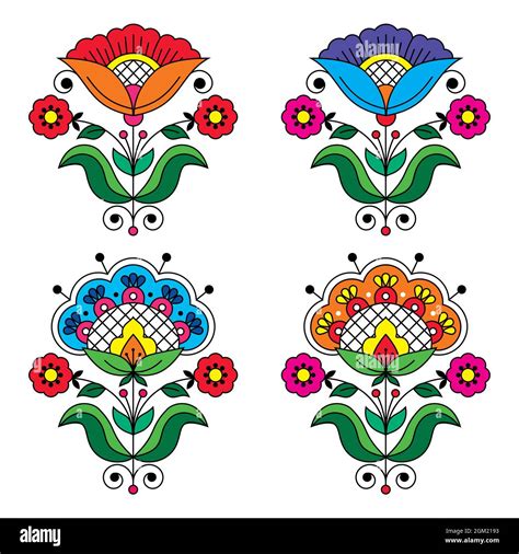 Swedish Floral Folk Art Vector Colorful Design Set With Flowers Leaves