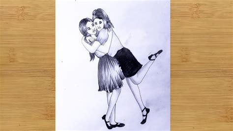 How To Draw Two Sister Hugging Each Other With Beautiful Dress