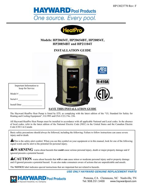 Hayward Heatpro Heat Pump Installation Guide
