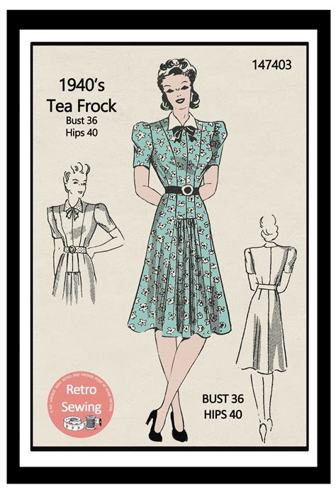 1940s Bow Collar Tea Dress Pdf Print At Home Sewing Pattern Etsy