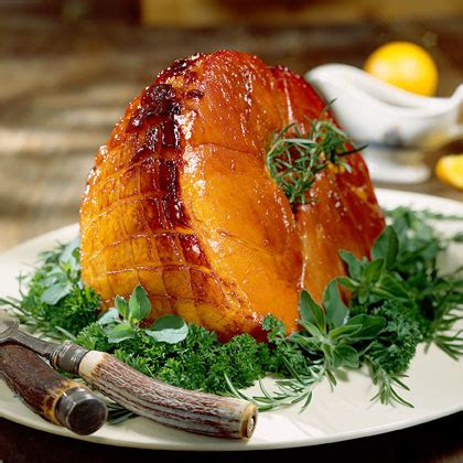 Today many baked ham recipes still feature pineapple, but also different combinations of honey mustard or brown sugar glazes also compliment the flavor of ham. Baked Ham with Bourbon Glaze Recipe | MyRecipes