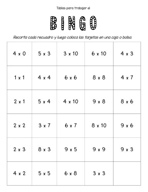 Bingo De Las Tablas De Multiplicar Profesocial