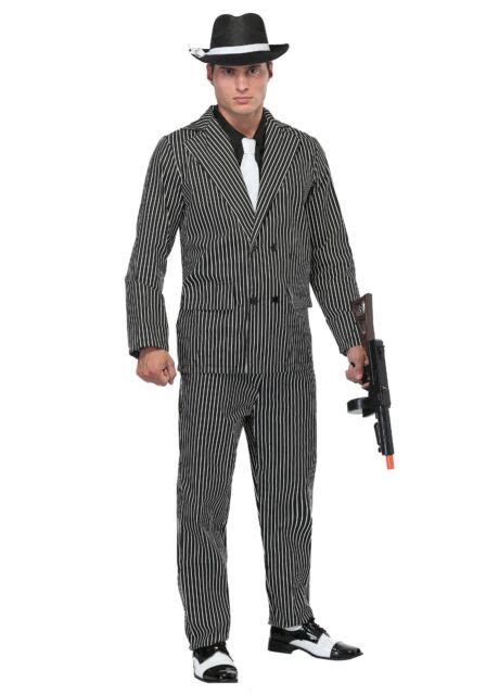 Mens Gangster Mob Boss Mafia Costume Black And White Pin Striped Jacket