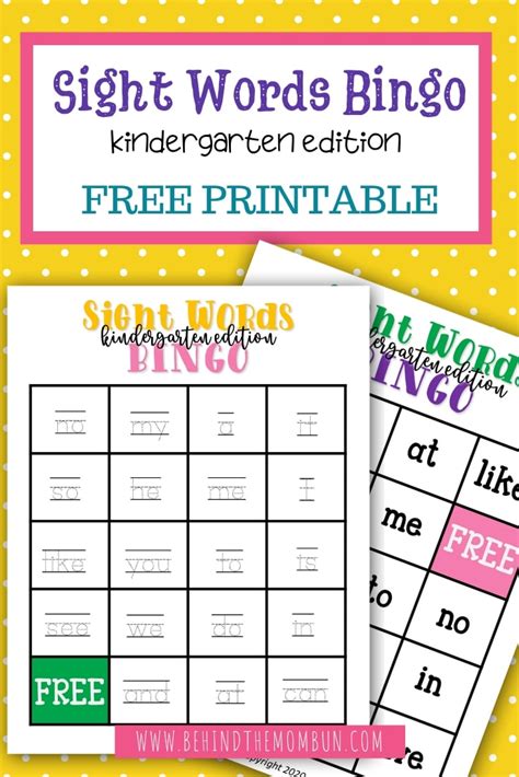 Kindergarten Sight Word Bingo 2 Behind The Mom Bun