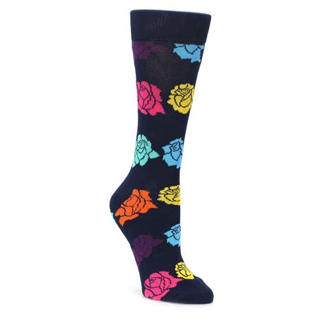 Navy Multi Color Roses Womens Dress Socks Boldsocks Happy Socks Socks Dress Socks