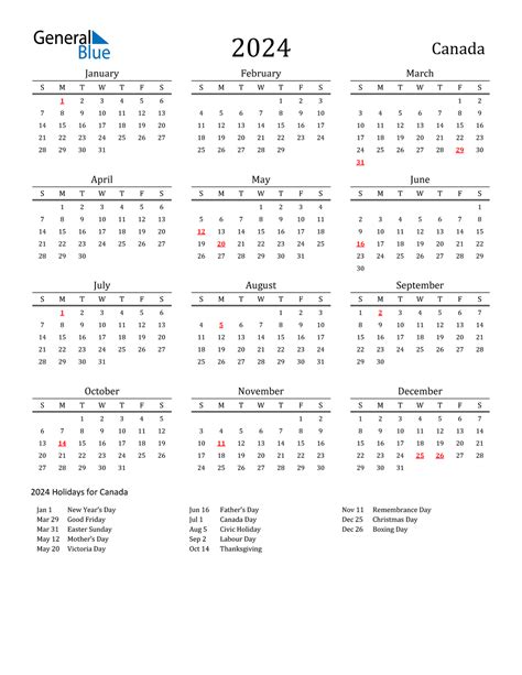 Calendar 2024 Canada Printable Yearly Calendar 2024