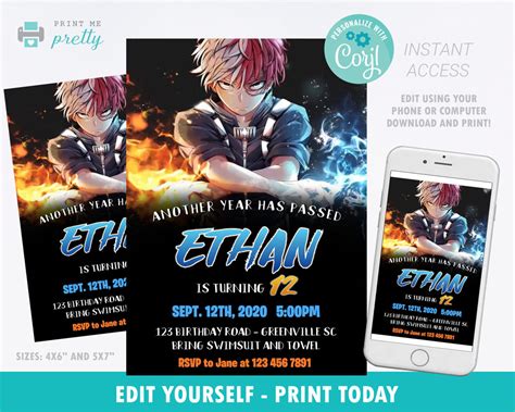 Todoroki Shoto My Hero Academia Anime Birthday Invitation Printable