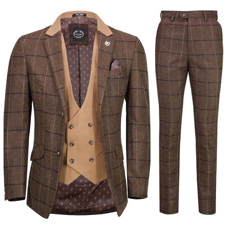 Mens Classic 3 Piece Tweed Suit Herringbone Brown Check Retro Smart
