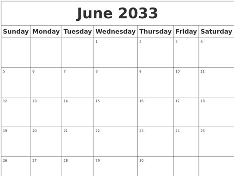 June 2033 Blank Calendar