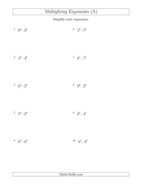 Multiplying Numbers Of The Same Base With Exponents Worksheet