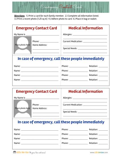 Printable Emergency Contact Cards